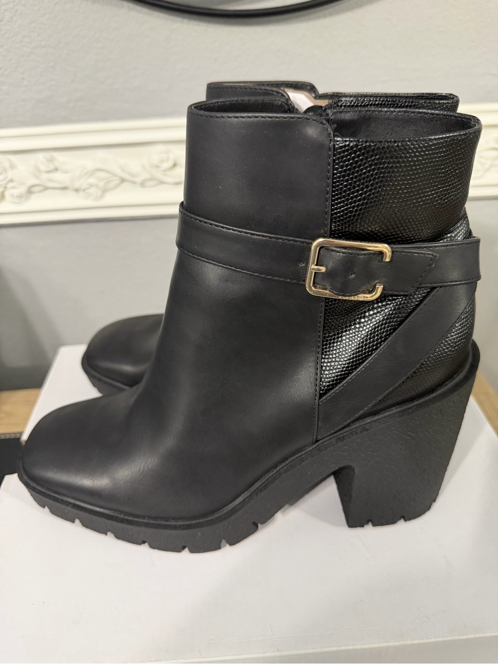 Aldo Black Leather Ankle Boot with Gold Buckle